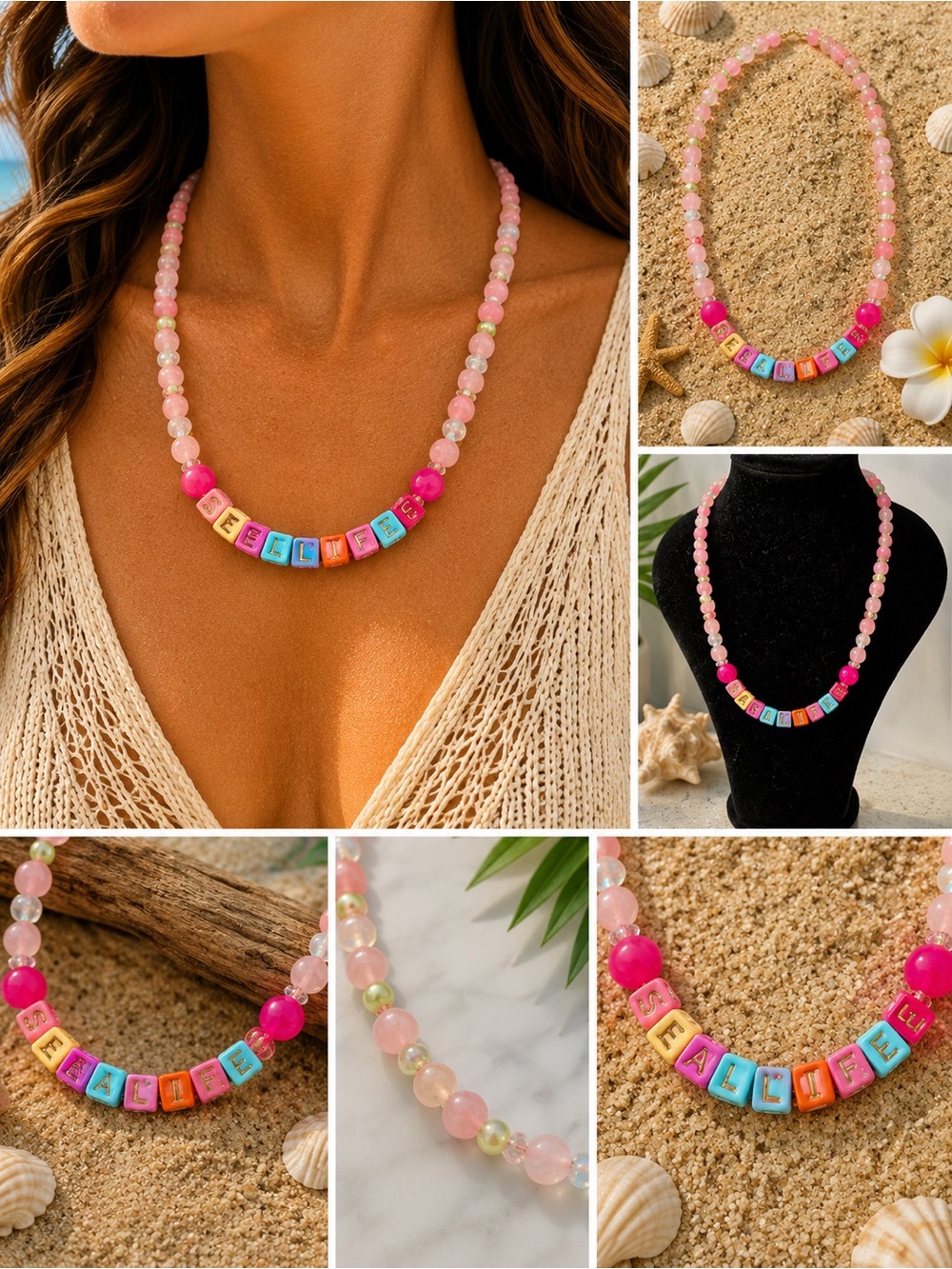 Pink Beaded SEA LIFER Necklace with Colorful Letter Beads